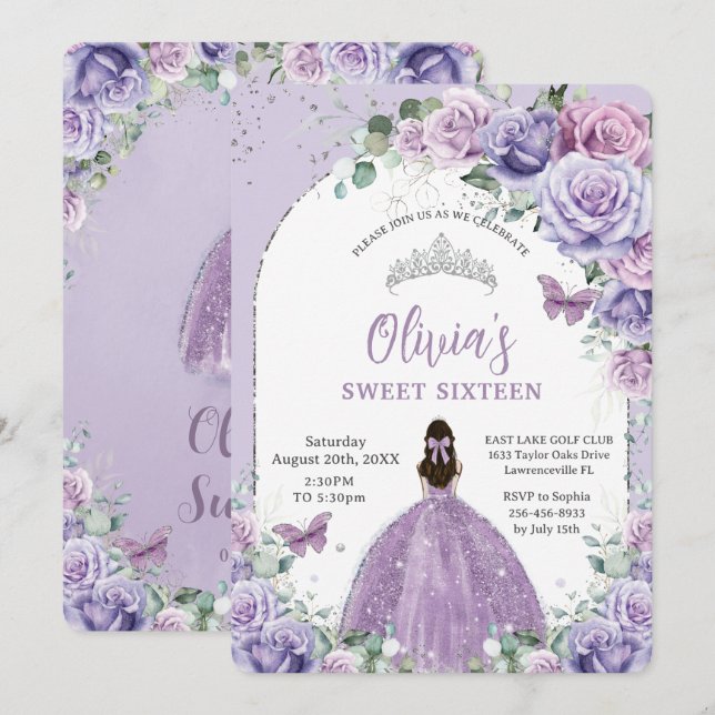 Convites Quic Purple Lilac Floral Sweet 16 Festa de anivers (Frente/Verso)