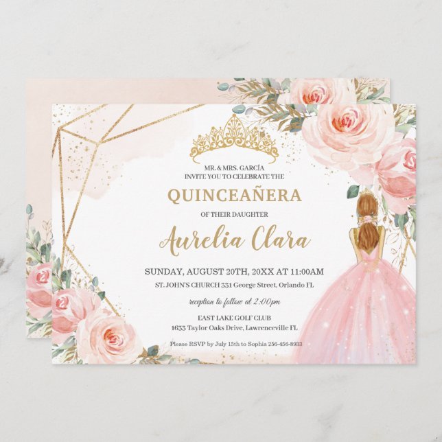 Convites Quic Quinceañera Blush Floral Rosa Tiara Aniversár (Frente/Verso)