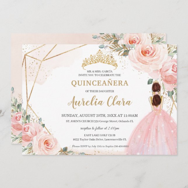 Convites Quic Quinceañera Blush Floral Rosa Tiara Aniversár (Frente/Verso)