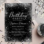 Convites Quic Script Silver Glitter Black 50th Birthday<br><div class="desc">Celebre com elegância este 50º Convite de Aniversário, Glitter Negro e Silver. Uma cintilação brilhante de prata e fundo preto tornam esta design realmente atordoante, enquanto a caligrafia cômica adiciona um toque feminino. Perfeito para aniversários de marco como um 30 40º 60º 70 e facilmente personalizável para qualquer idade. Procure...</div>