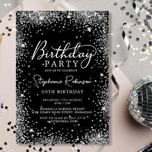 Convites Quic Script Silver Glitter Black 50th Birthday