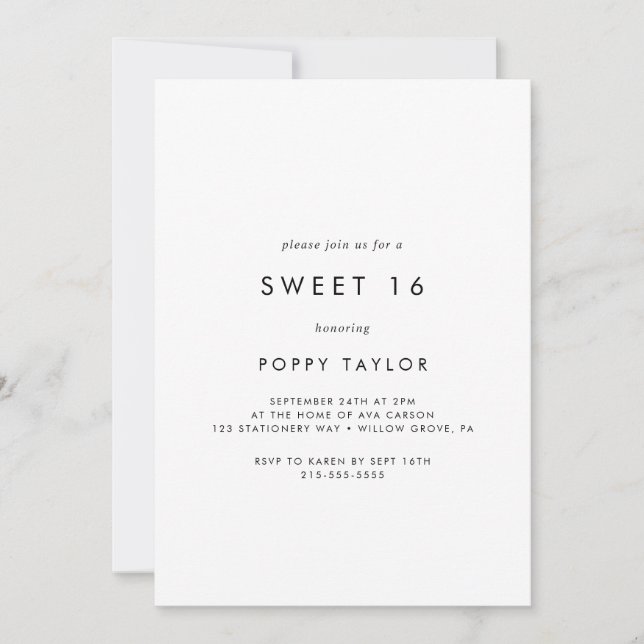 Convites Quic Typografia Sweet 16 Birthday (Frente)