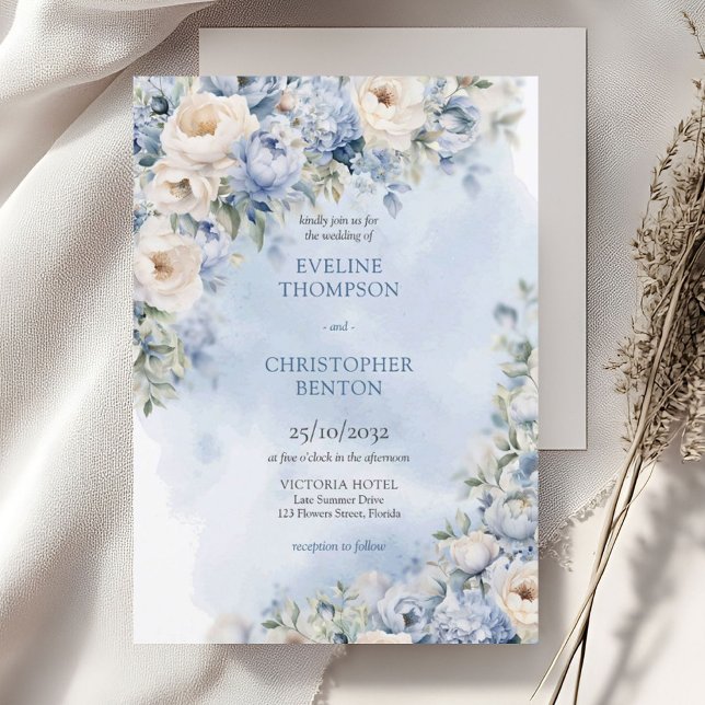 Convites Quic watercolor flores de inverno casamento verde (Elegant light Blue and white Flowers greenery eucalyptus wedding invitation digital)