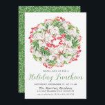 Convites Quic Winter Watercolor Wreath Holiday Luncheon<br><div class="desc">Uma poinsettia branca chica e a coroa de morango vermelha é o topo deste convite de férias. A caligrafia lhe dá um humor festivo.</div>