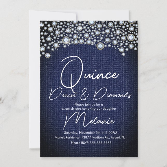 Convites Quince Denim Diamantes Gema Diamantes Espalhados (Frente)
