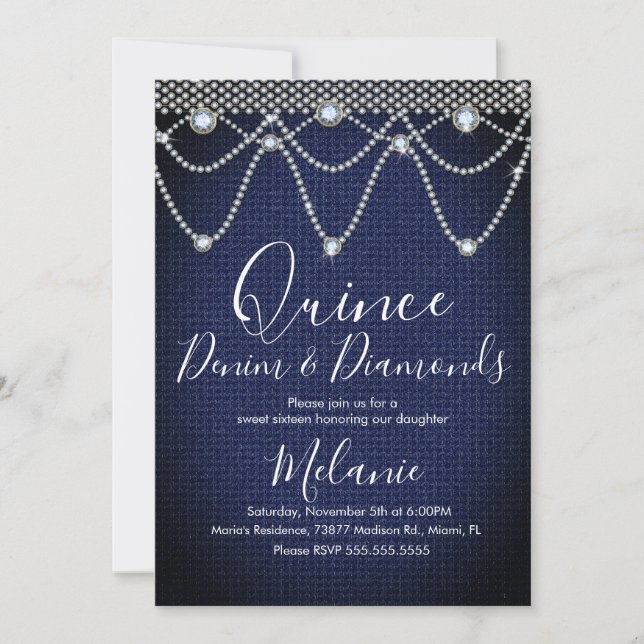 Convites Quince Denim Diamantes Joia Pérolas  (Frente)
