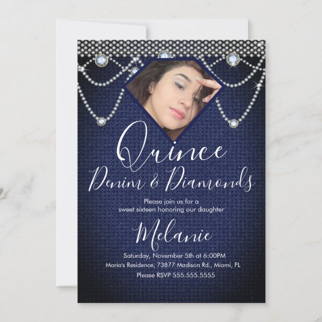 Convites Quince Denim Diamantes Joia Pérolas Foto  (Frente)
