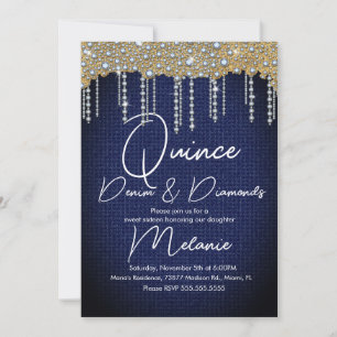Convites Quince Denim Diamantes Joia Pérolas Ouro