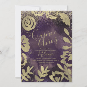 Convites Quiñce Falso Brilho Roxo Floral Dourado Aniversári