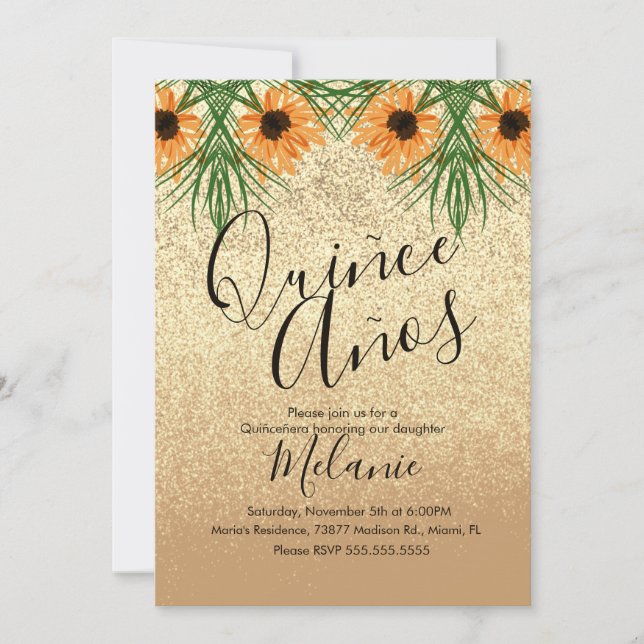 Convites Quiñce Faux Glitter Sunflower Aniversário (Frente)