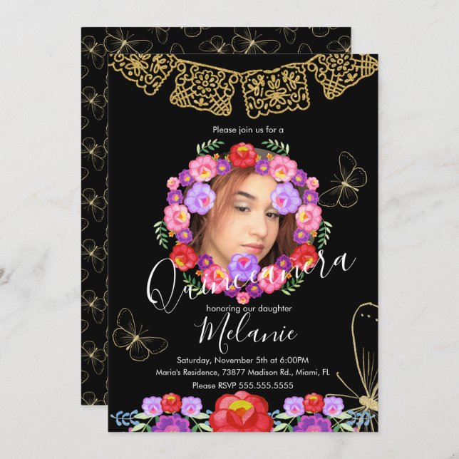 Convites Quince Glitter Faux Borboletas Florais Mexicanas (Frente/Verso)