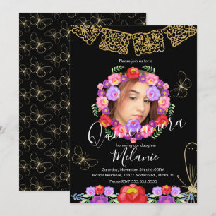 Convites Quince Glitter Faux Borboletas Florais Mexicanas