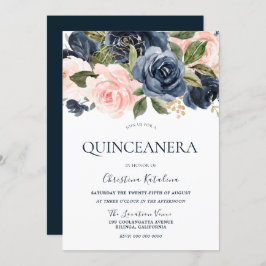Convites Quinceana Azul-Marinho Elegante e Rosa Esbranquiça