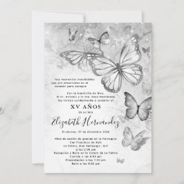 Convites Quinceana Espanhola de Borboleta Silver Elegante