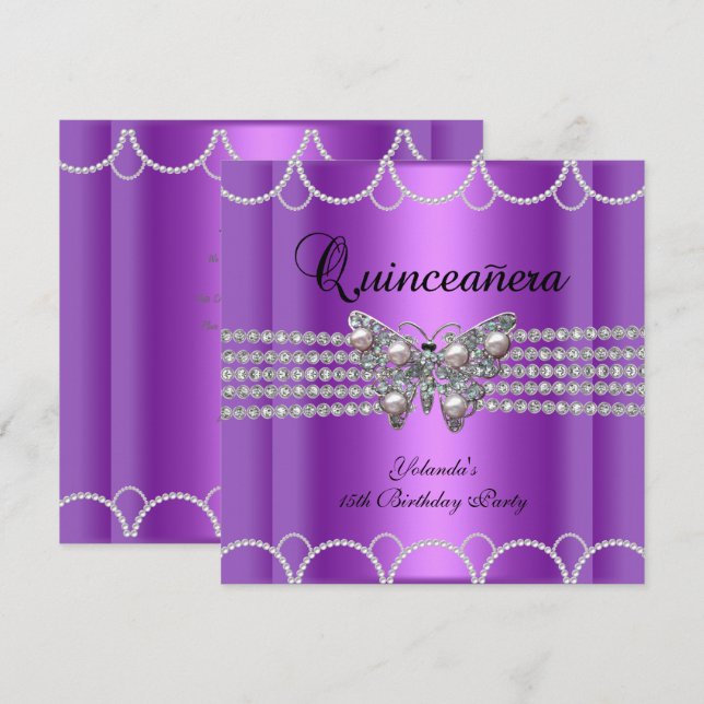 Convites Quinceanera 15ª Borboleta Roxa Pérola Renda (Frente/Verso)