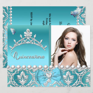 Convites Quinceanera 15º Azul Damask Borboleta Adicionar Fo
