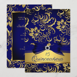 Convites Quinceanera 15º Azul Marinho Dourado Floral Damasc