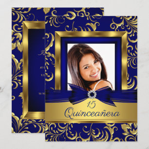 Convites Quinceanera 15º Azul Marinho Dourado Floral Foto