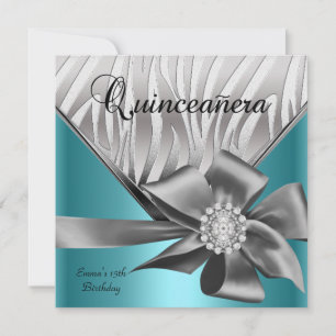 Convites Quinceanera 15º Azul Teal Prata Cinza Laço