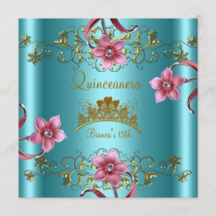 Convites Quinceanera 15º Azul Teal Rosa Flores Tiara Dourad