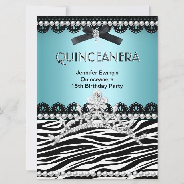 Convites Quinceanera 15º Azul Turquesa Tiara Preta Zebra (Frente)
