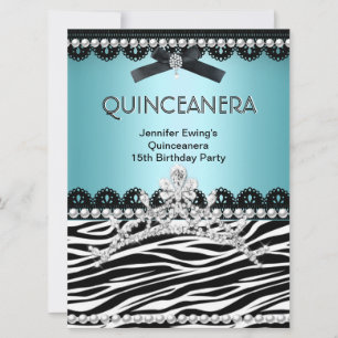 Convites Quinceanera 15º Azul Turquesa Tiara Preta Zebra