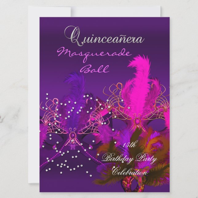 Convites Quinceanera 15º Baile de Máscaras Roxo Rosa Máscar (Frente)