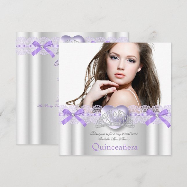 Convites Quinceanera 15º Coração de Prata com Renda Roxa Fo (Frente/Verso)