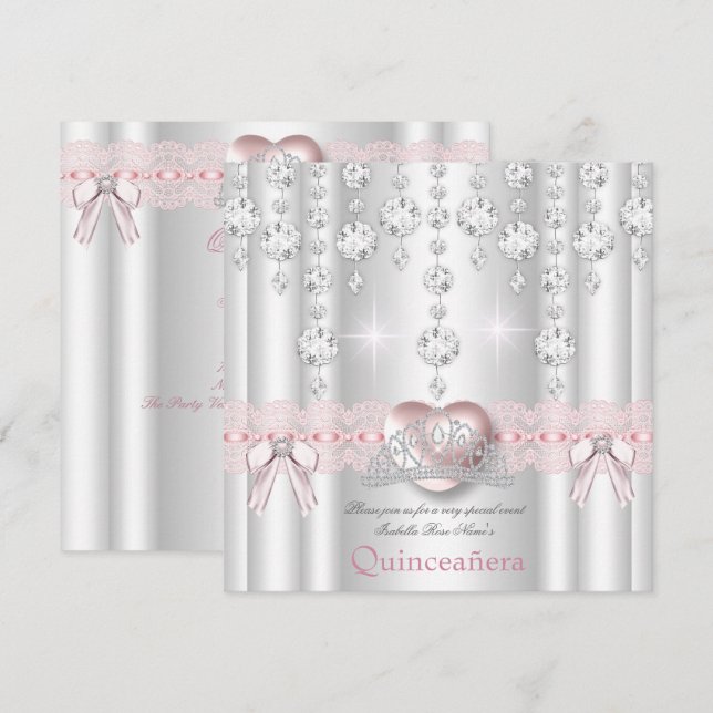 Convites Quinceanera 15º Coração Rosa Prata Diamantes 2 (Frente/Verso)