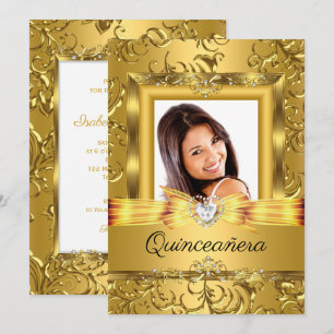 Convites Quinceanera 15º Dourado Damask Foto Pérola