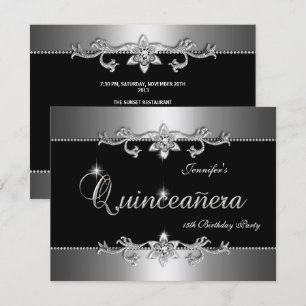 Convites Quinceanera 15º Elegante Festa Joia Preta Prata