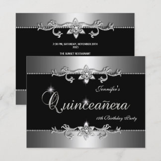 Convites Quinceanera 15º Elegante Festa Joia Preta Prata