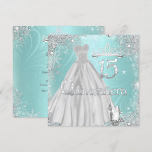 Convites Quinceanera 15º Flocos de Neve Prata Turquesa Fest
