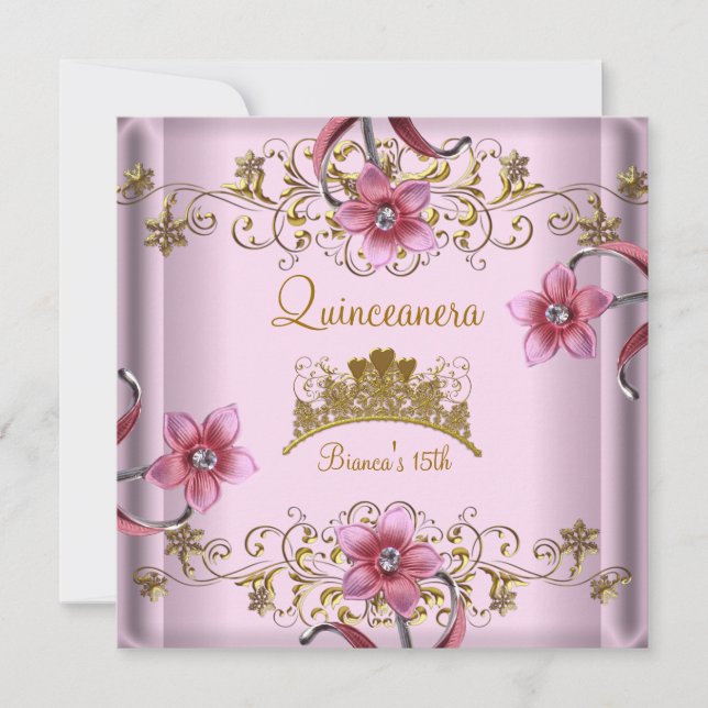 Convites Quinceanera 15º Flores Rosa Tiara Dourada (Frente)