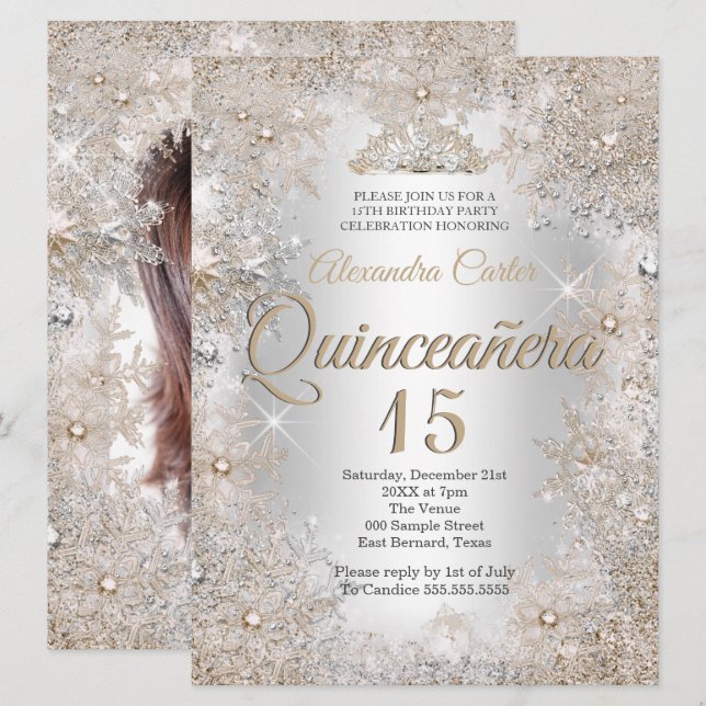 Convites Quinceanera 15º Foto Floco de Neve Prateado Bege (Frente/Verso)