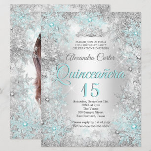 Convites Quinceanera 15º Foto Prata Azul Teal Floco de Neve
