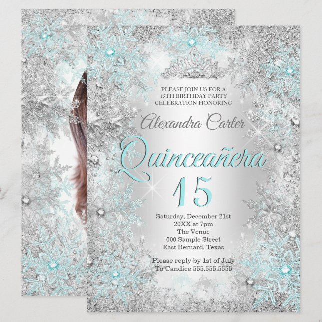Convites Quinceanera 15º Foto Prata Azul Teal Floco de Neve (Frente/Verso)