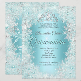 Convites Quinceanera 15º Linda Prata Azul Teal Floco de Nev