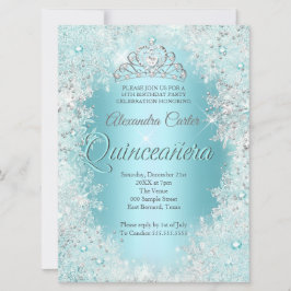 Convites Quinceanera 15º Linda Prata Azul Teal Floco de Nev