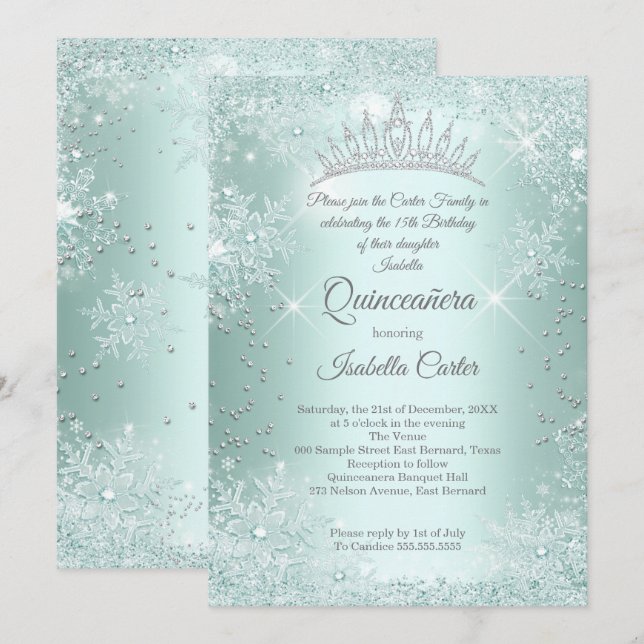 Convites Quinceanera 15º Menta Floco de Neve Inverno (Frente/Verso)