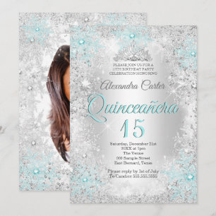 Convites Quinceanera 15º Prata Azul Teal Floco de Neve Foto