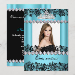Convites Quinceanera 15º Preto Branco Renda Azul Foto