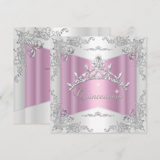 Convites Quinceanera 15º Rosa Branco Tiara de Prata (Frente/Verso)