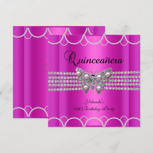 Convites Quinceanera 15º Rosa Butterfly Pérola Renda (Frente/Verso)