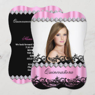 Convites Quinceanera 15º Rosa Preto Branco Renda Foto