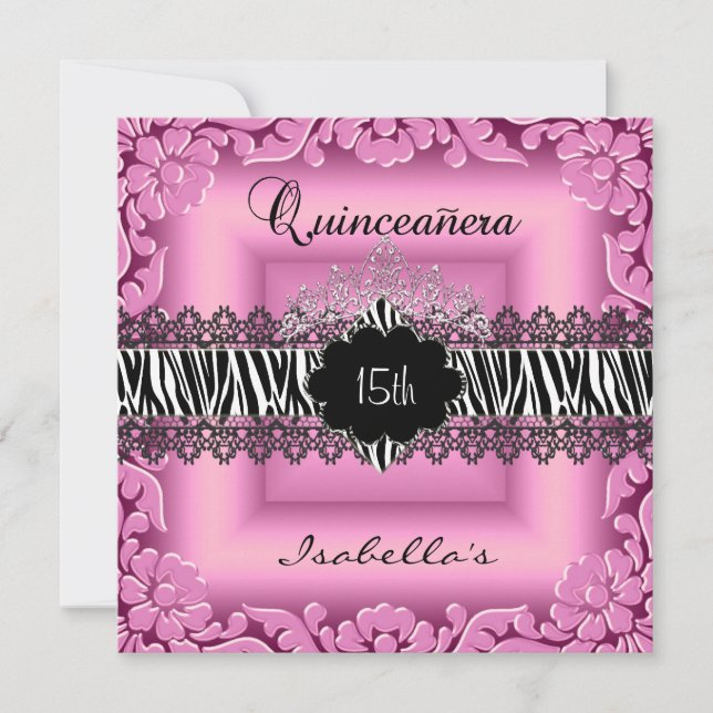 Convites Quinceanera 15º Rosa Preto Branco Zebra Renda (Frente)