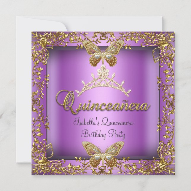 Convites Quinceañera 15º Rosa Roxo Borboleta Dourada (Frente)