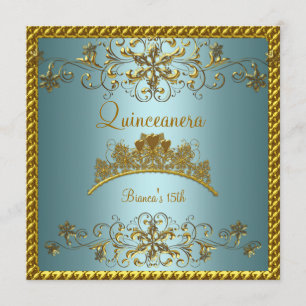 Convites Quinceanera 15º Tiara Azul Teal Dourado
