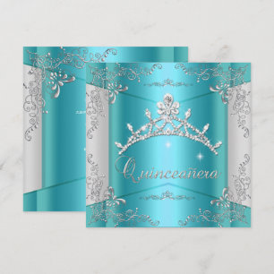Convites Quinceanera 15º Tiara Azul Teal Prata