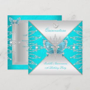 Convites Quinceanera 15º Tiara Azul Teal Prata Borboleta